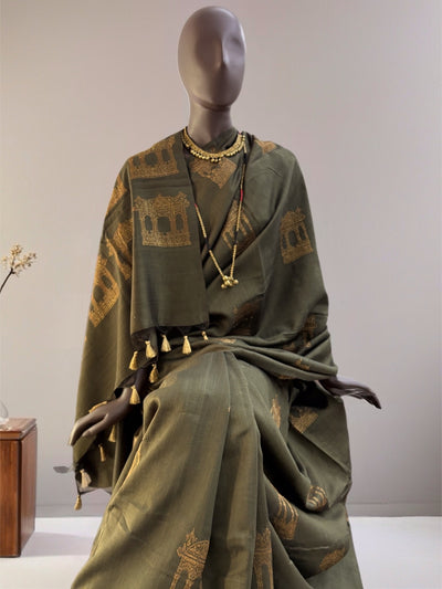 Jharokha Olive Green Matka Georgette Saree