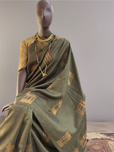 Jharokha Olive Green Matka Georgette Saree