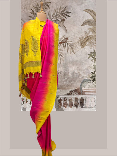 Chahar Bagh Yellow Shaded Matka Georgette Saree