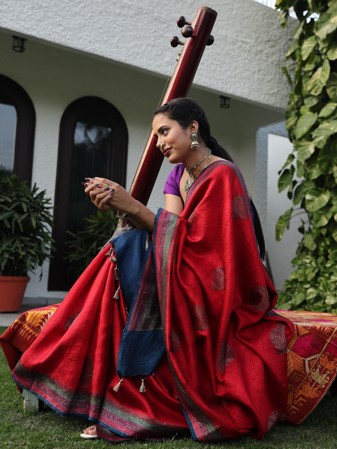 Lalitpur Red & Blue Raw Silk Saree