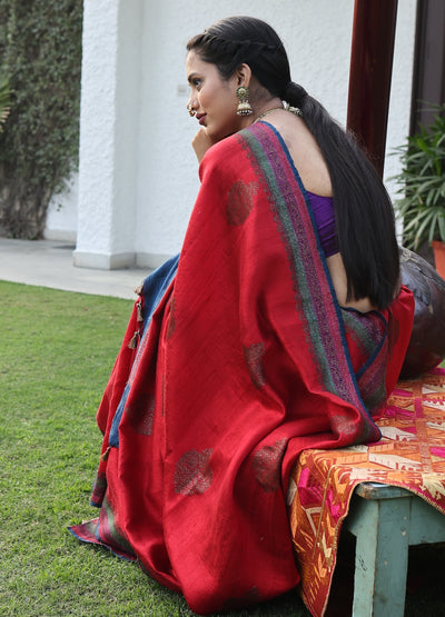 Lalitpur Red & Blue Raw Silk Saree