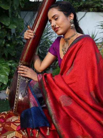 Lalitpur Red & Blue Raw Silk Saree
