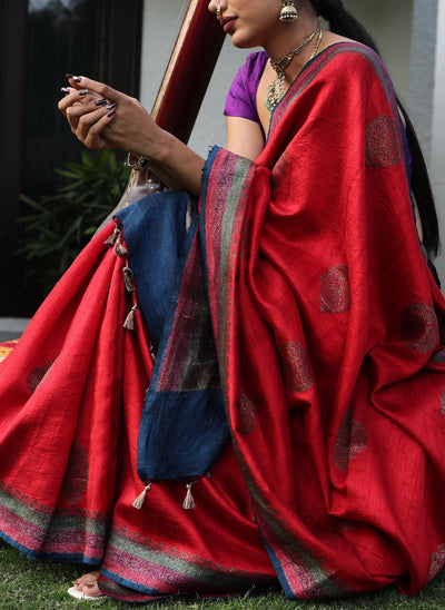 Lalitpur Red & Blue Raw Silk Saree
