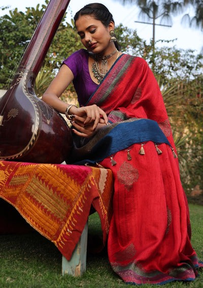 Lalitpur Red & Blue Raw Silk Saree