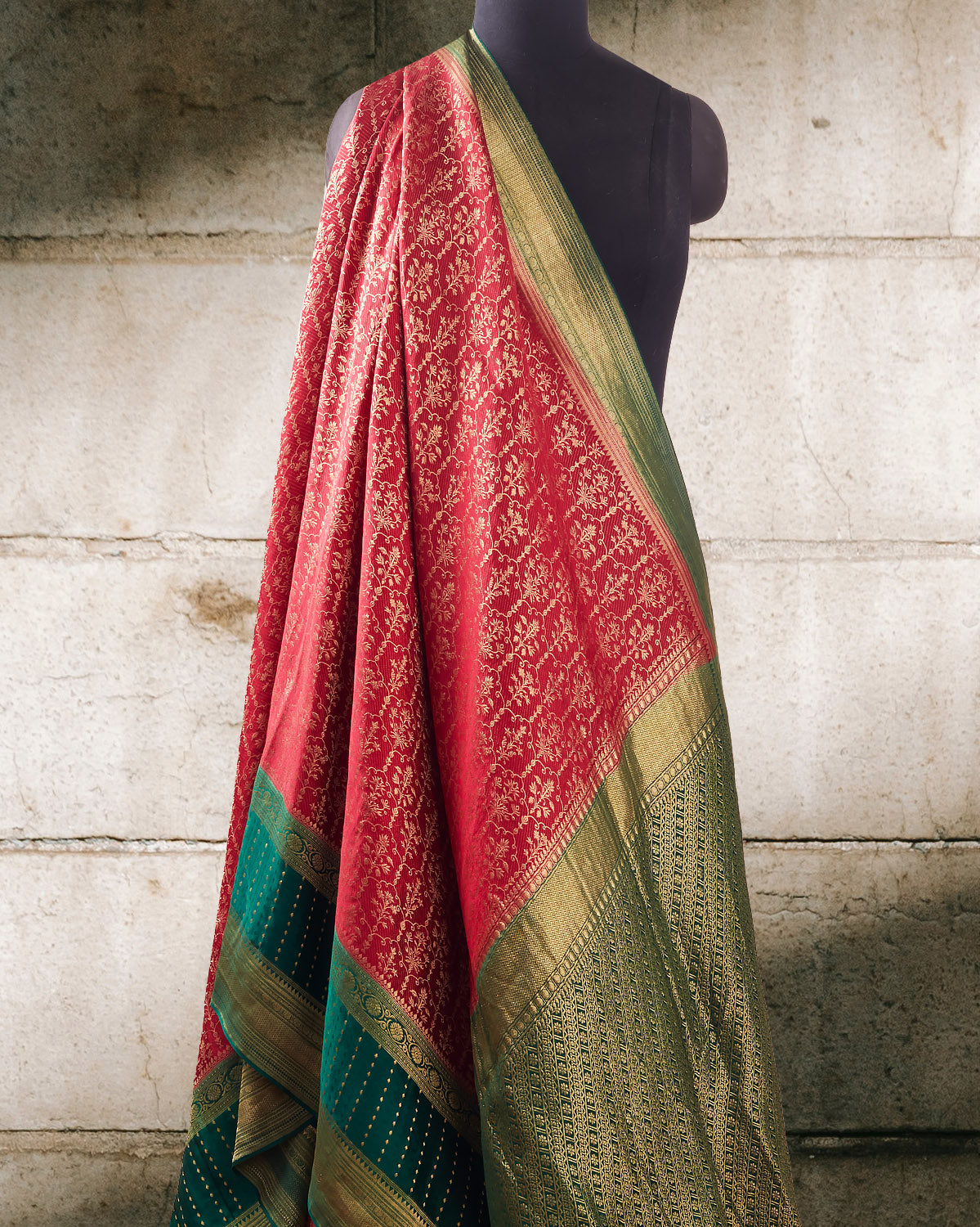 Maroon & Green Kanchi Crepe silk Saree
