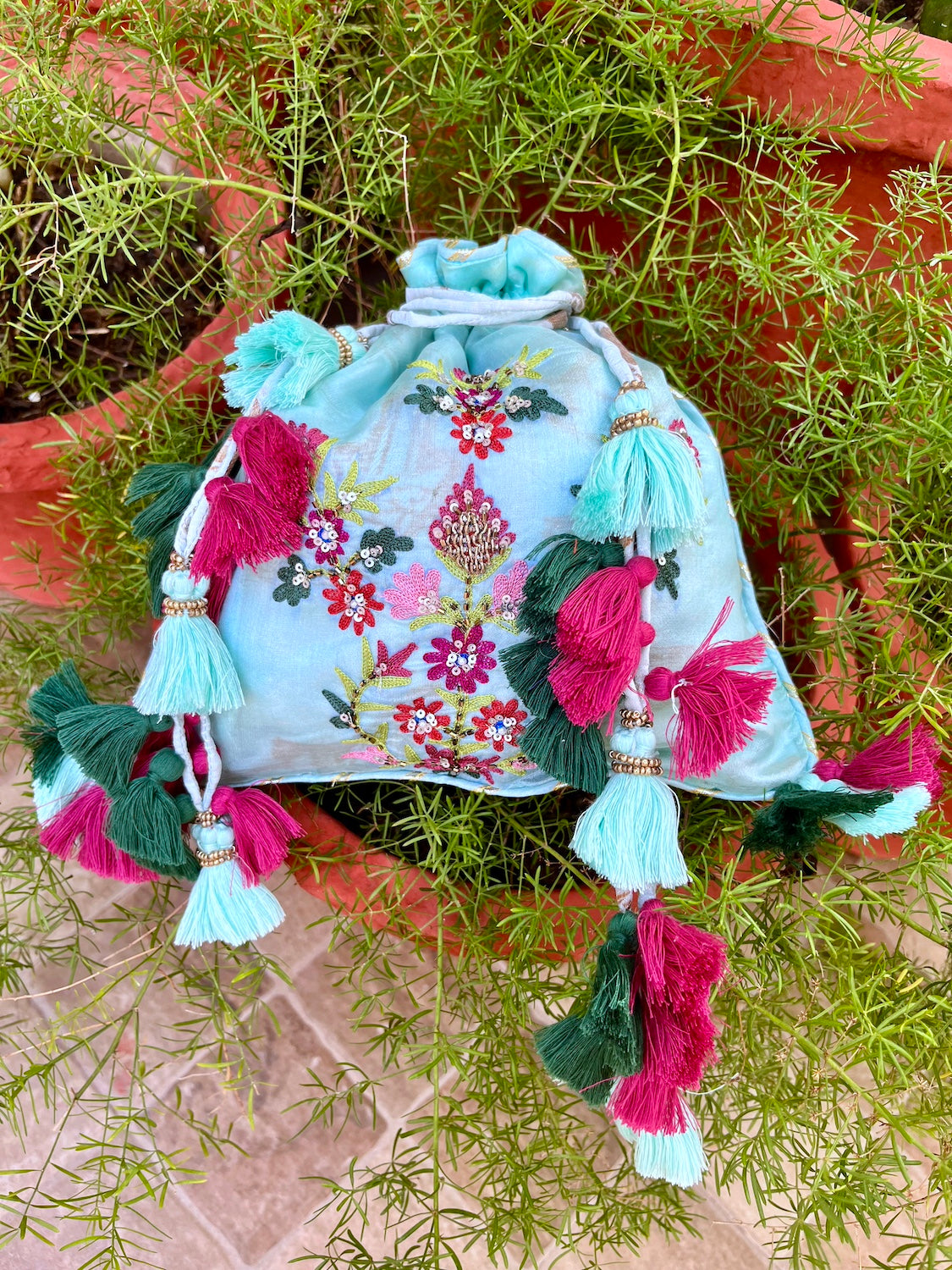 Le Jardine Aqua Blue Silk Potli