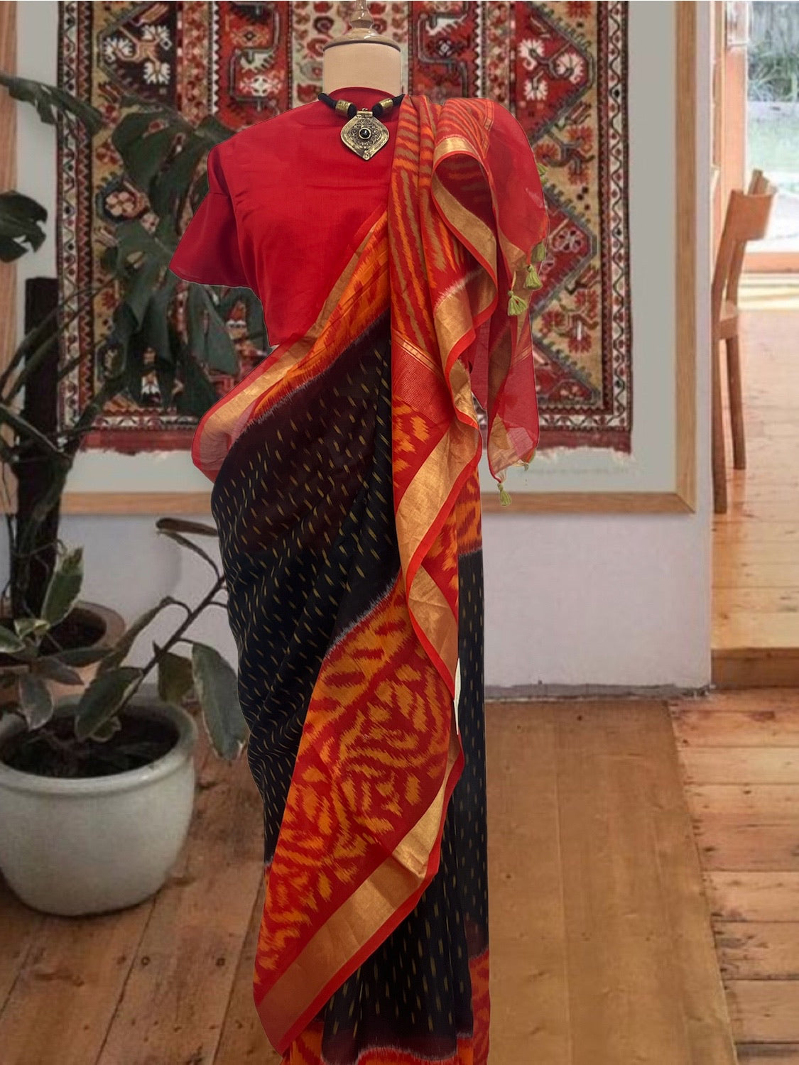 Black & Orange Ikat Cotton Saree