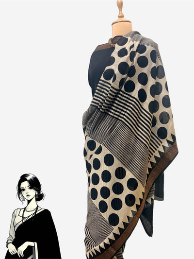 Kamini Black & White Printed Cotton Saree