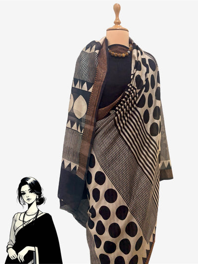 Kamini Black & White Printed Cotton Saree