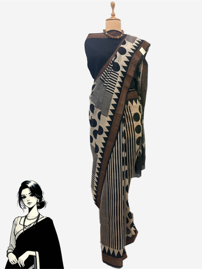 Kamini Black & White Printed Cotton Saree