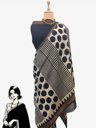 Kamini Black & White Printed Cotton Saree