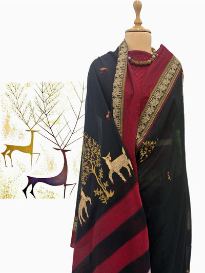 Moroccan Black Embroidered Cotton Saree