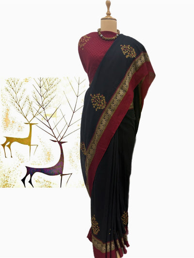 Moroccan Black Embroidered Cotton Saree