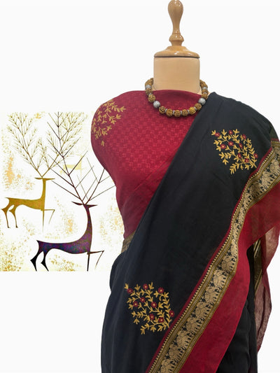 Moroccan Black Embroidered Cotton Saree