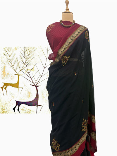 Moroccan Black Embroidered Cotton Saree