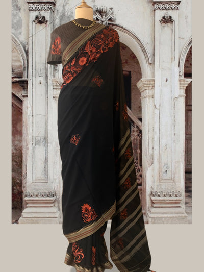 Tunisia Black Embroidered Cotton Saree
