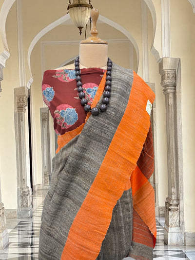 Raahgiri Black & Orange Ghiccha Linen Saree