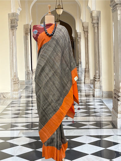 Raahgiri Black & Orange Ghiccha Linen Saree