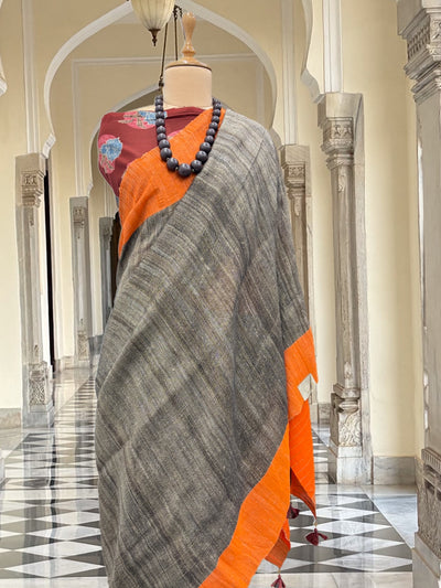 Raahgiri Black & Orange Ghiccha Linen Saree