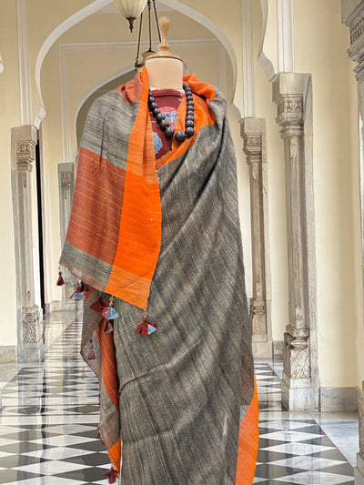 Raahgiri Black & Orange Ghiccha Linen Saree
