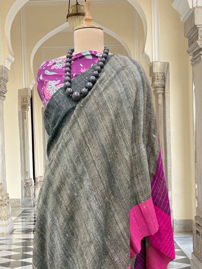 Rangmanch Black & Pink Ghiccha Linen Saree