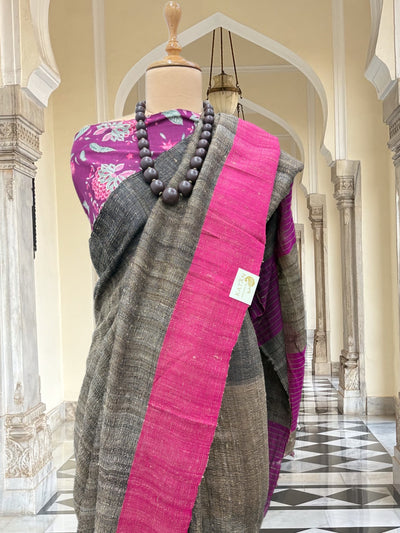 Rangmanch Black & Pink Ghiccha Linen Saree