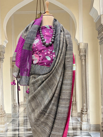 Rangmanch Black & Pink Ghiccha Linen Saree