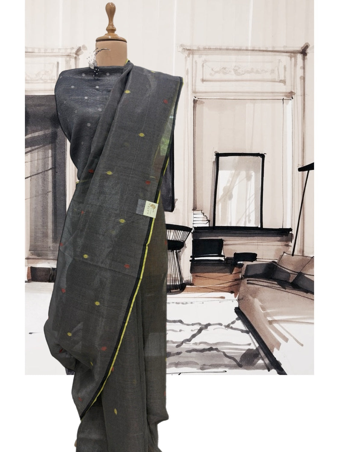 Ebony Black Jamdani Tissue Checks Sari