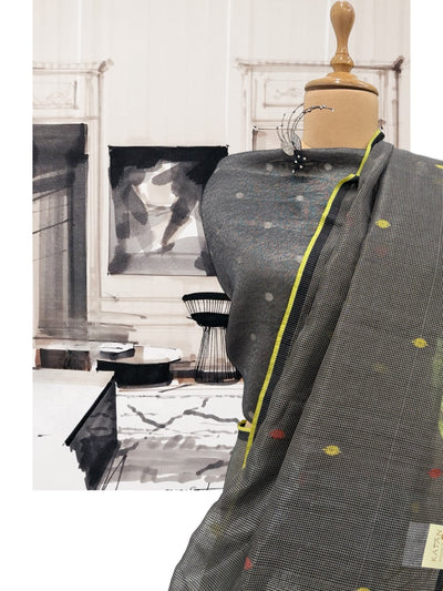 Ebony Black Tissue Checks Sari