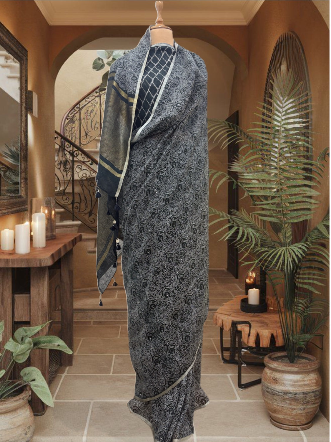 Banjaran Black Printed Linen Saree