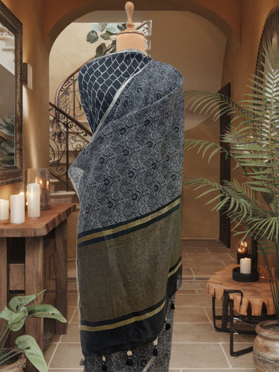 Banjaran Black Printed Linen Saree