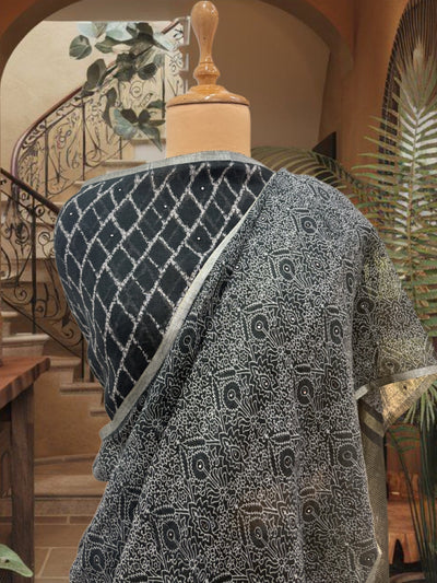 Banjaran Black Printed Linen Saree