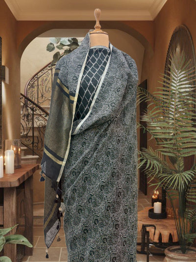 Banjaran Black Printed Linen Saree