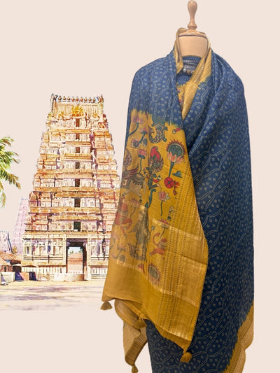 Padmanabh Blue & Mustard Moonga Cotton Saree