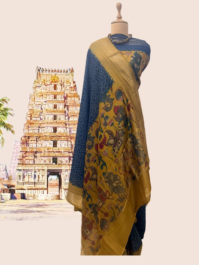 Padmanabh Blue & Mustard Moonga Cotton Saree