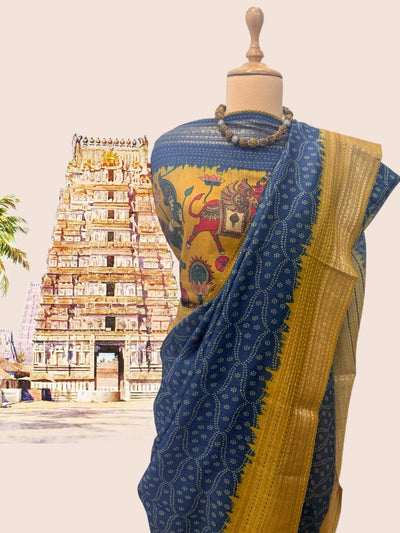 Padmanabh Blue & Mustard Moonga Cotton Saree