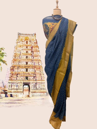 Padmanabh Blue & Mustard Moonga Cotton Saree