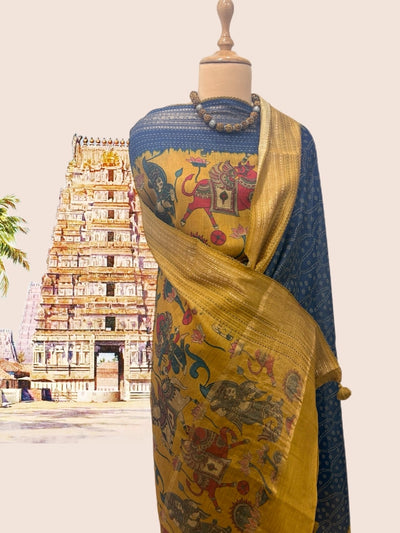 Padmanabh Blue & Mustard Moonga Cotton Saree
