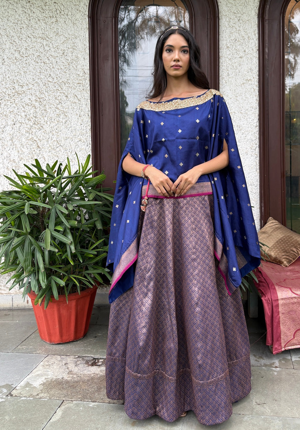 Blue Brocade Lehenga Cape Set