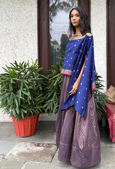 Blue Brocade Lehenga Cape Set