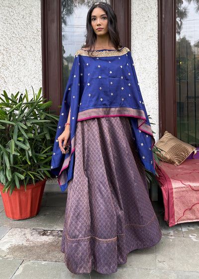 Blue Brocade Lehenga Cape Set