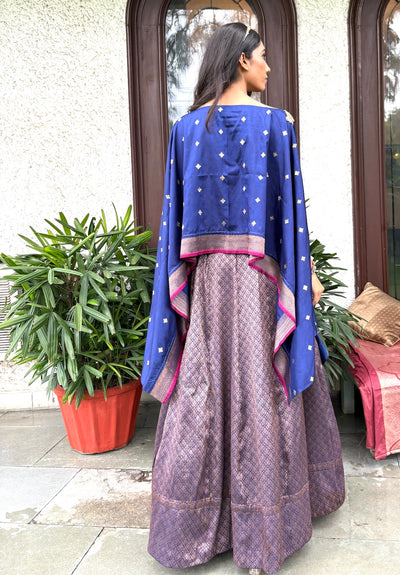 Blue Brocade Lehenga Cape Set