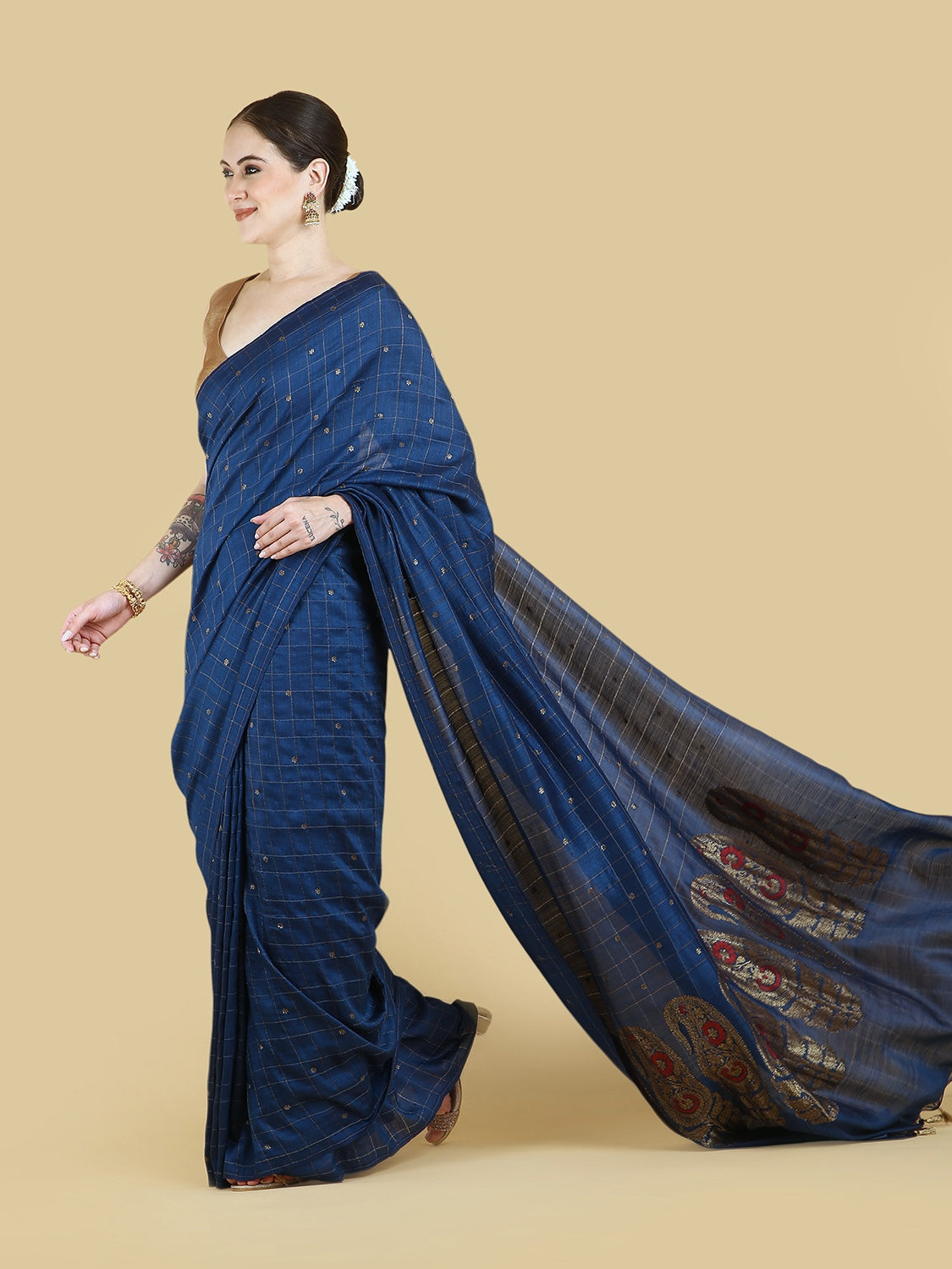 Checkers Blue Matka Georgette Sari