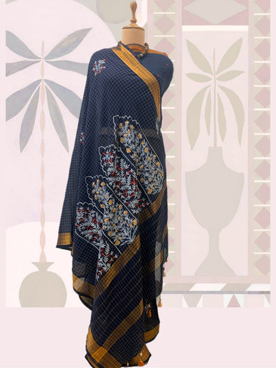 Khurja Blue Embroidered Cotton Checks Saree