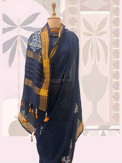 Khurja Blue Embroidered Cotton Checks Saree