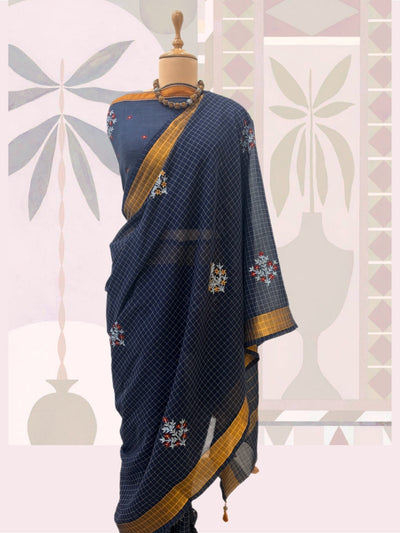 Khurja Blue Embroidered Cotton Checks Saree