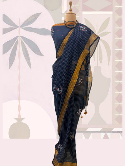 Khurja Blue Embroidered Cotton Checks Saree