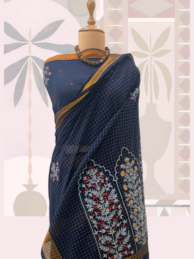 Khurja Blue Embroidered Cotton Checks Saree