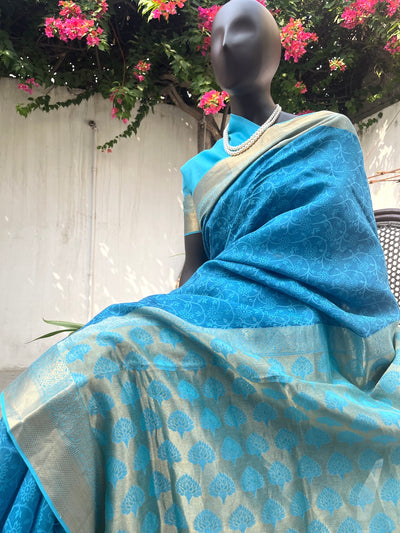 Samudra Blue Cotton Silk Tanchoi Saree