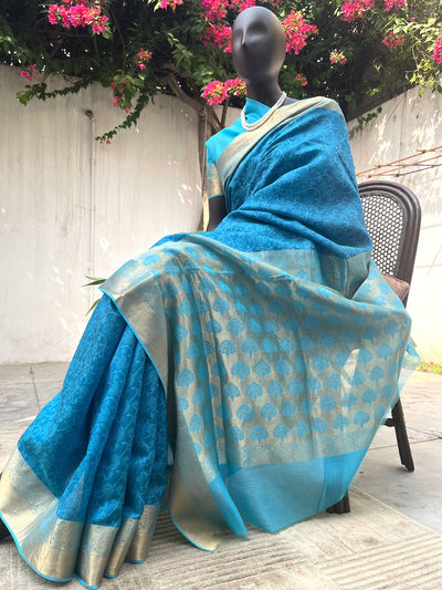 Samudra Blue Cotton Silk Tanchoi Saree
